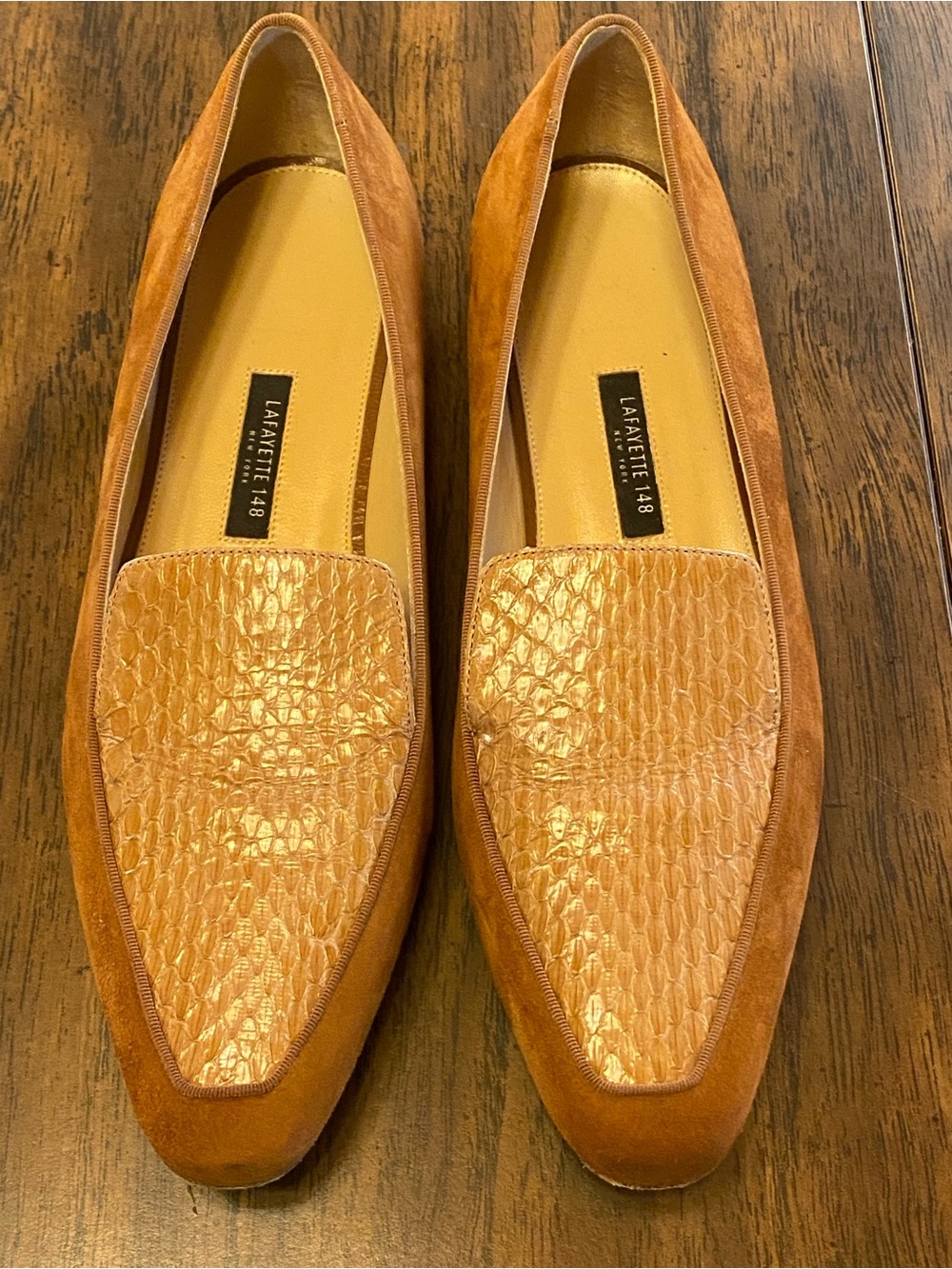 Lafayette 148 New York Women’s Tan Suede Loafers with Metallic Textured Vamp